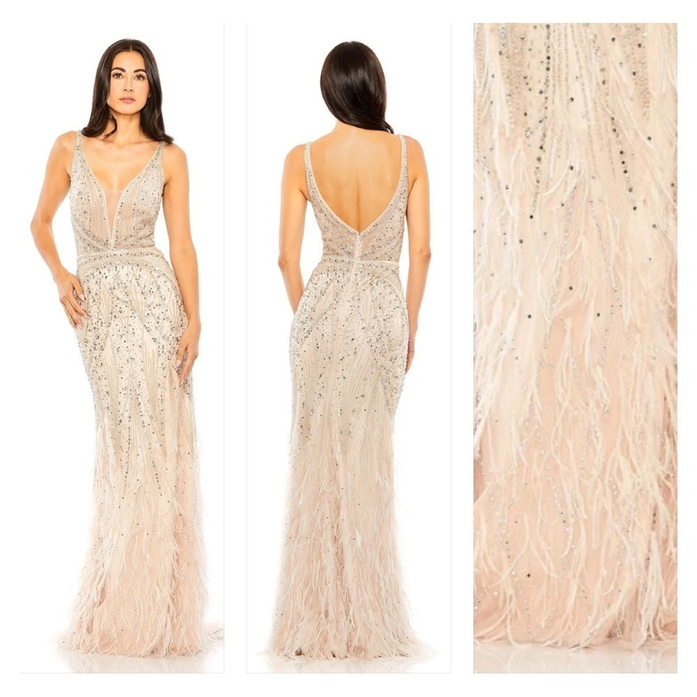 Mac Duggal 11120 NWT Pink Embellished Feather Detail Hem Gown